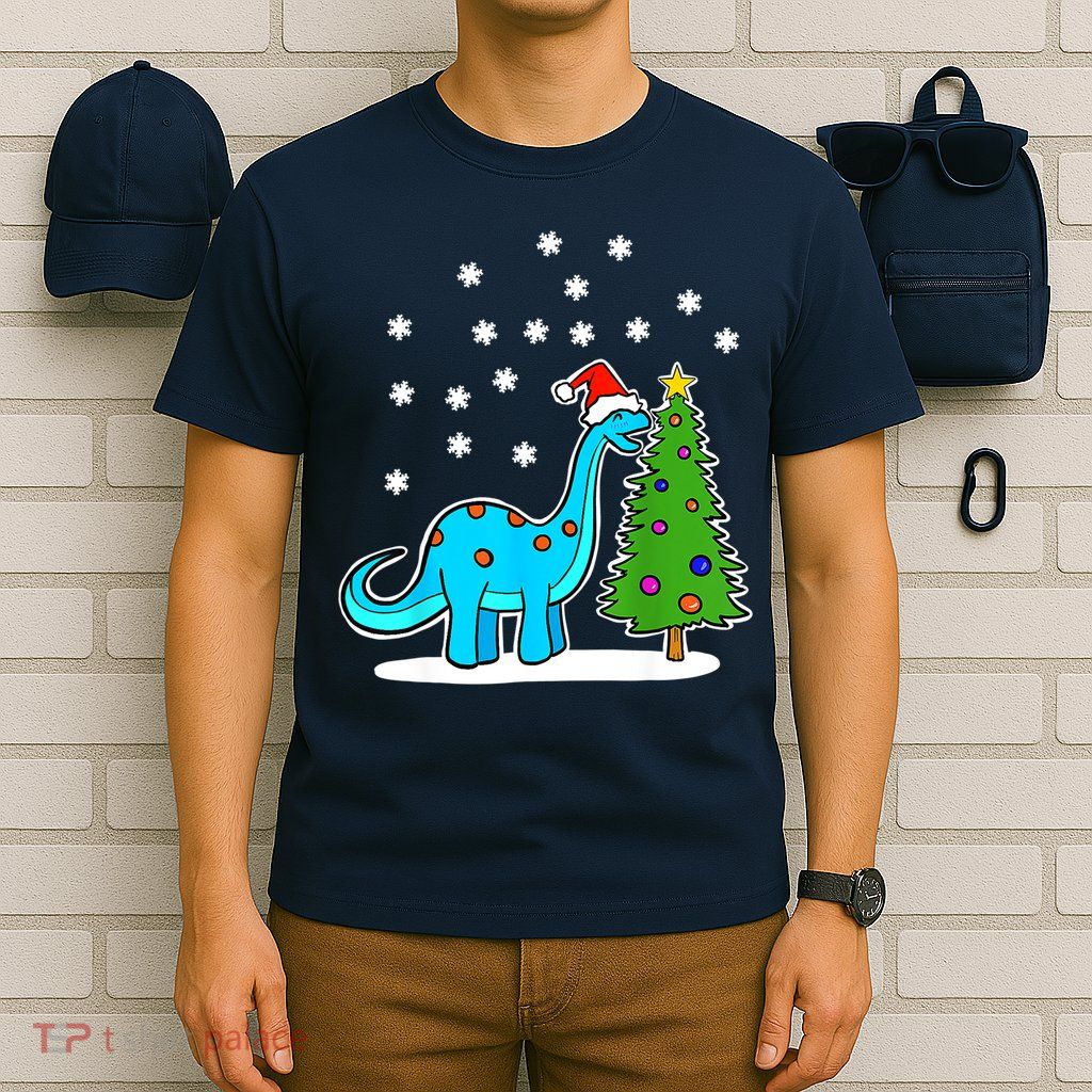 Christmas Brachiosaurus Dinosaur Eating A Christmas Tree T-Shirt