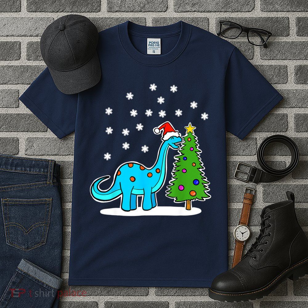 Christmas Brachiosaurus Dinosaur Eating A Christmas Tree Tall T-Shirt