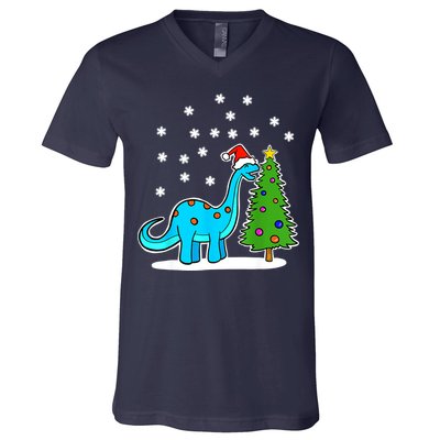 Christmas Brachiosaurus Dinosaur Eating A Christmas Tree V-Neck T-Shirt