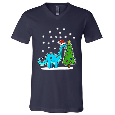 Christmas Brachiosaurus Dinosaur Eating A Christmas Tree V-Neck T-Shirt