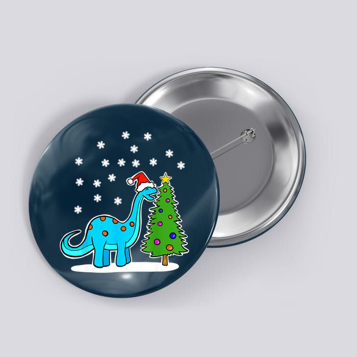 Christmas Brachiosaurus Dinosaur Eating A Christmas Tree Button