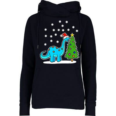Christmas Brachiosaurus Dinosaur Eating A Christmas Tree Womens Funnel Neck Pullover Hood