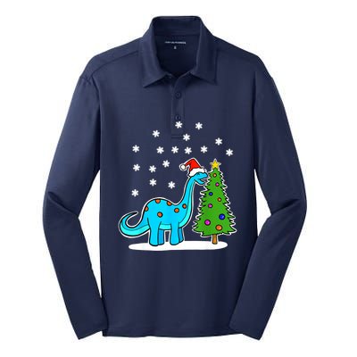 Christmas Brachiosaurus Dinosaur Eating A Christmas Tree Silk Touch Performance Long Sleeve Polo