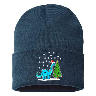 Christmas Brachiosaurus Dinosaur Eating A Christmas Tree Sustainable Knit Beanie