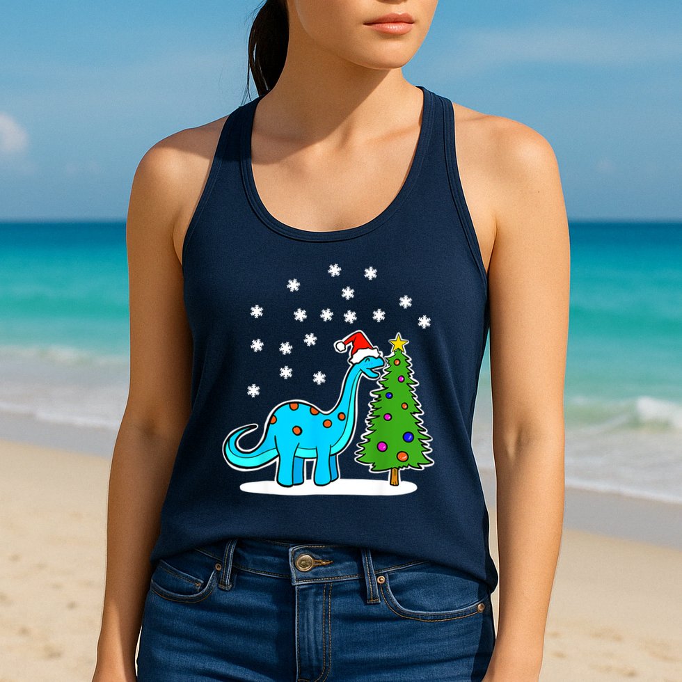 Christmas Brachiosaurus Dinosaur Eating A Christmas Tree Womens Tank Top