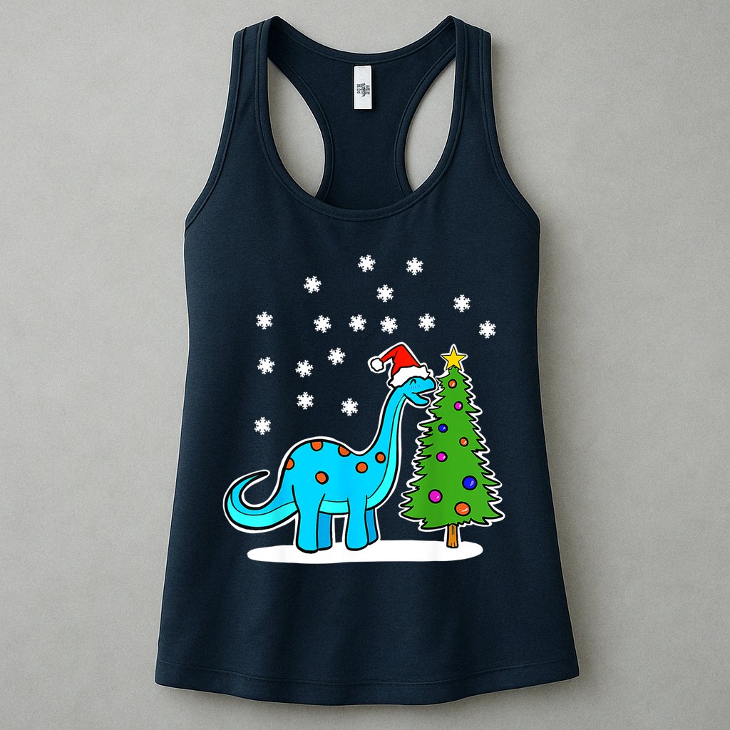 Christmas Brachiosaurus Dinosaur Eating A Christmas Tree Womens Tank Top