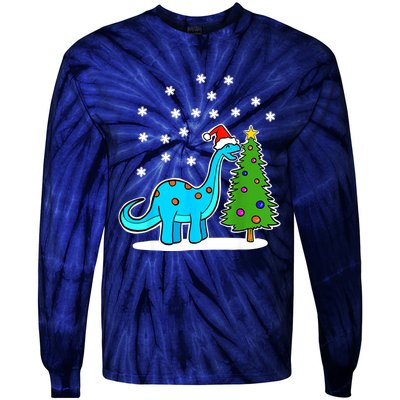 Christmas Brachiosaurus Dinosaur Eating A Christmas Tree Tie-Dye Long Sleeve Shirt