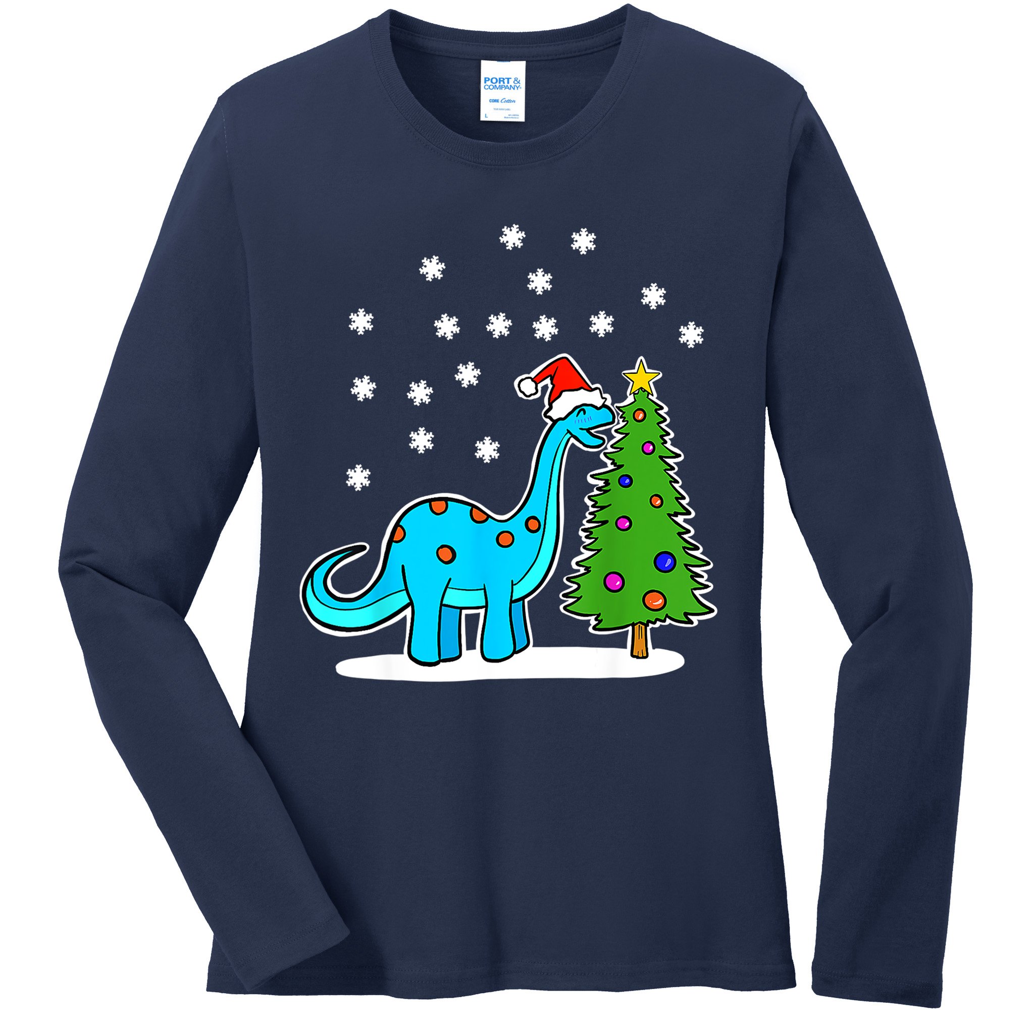 Christmas Brachiosaurus Dinosaur Eating A Christmas Tree Ladies Long Sleeve Shirt