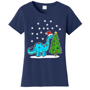 Christmas Brachiosaurus Dinosaur Eating A Christmas Tree Women's T-Shirt