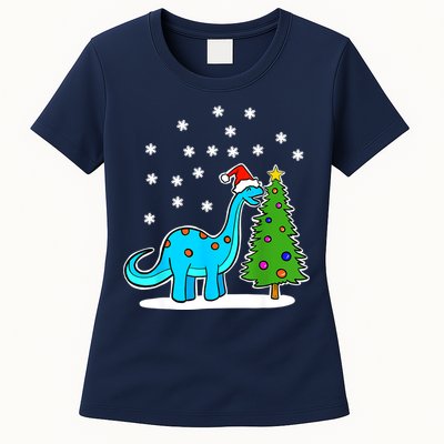Christmas Brachiosaurus Dinosaur Eating A Christmas Tree Womens T-Shirt