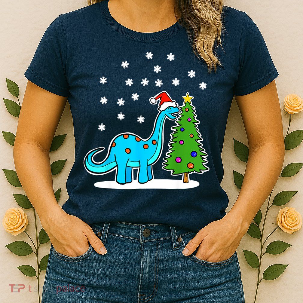 Christmas Brachiosaurus Dinosaur Eating A Christmas Tree Womens T-Shirt
