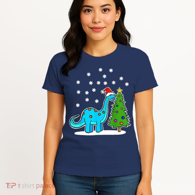 Christmas Brachiosaurus Dinosaur Eating A Christmas Tree Womens T-Shirt