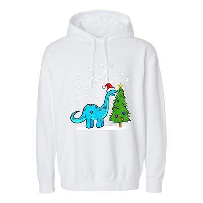 Christmas Brachiosaurus Dinosaur Eating A Christmas Tree Garment-Dyed Fleece Hoodie