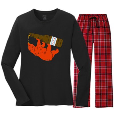 Chicago Beer Drinking Funny Drunk Orange Bear Women's Long Sleeve Flannel Pajama Set 