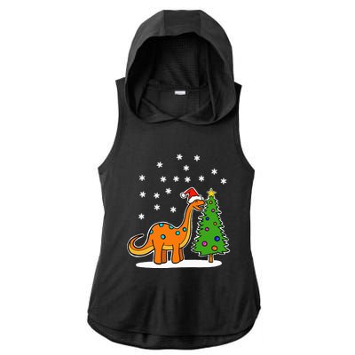 Christmas Brachiosaurus Dinosaur eating a Christmas Tree Ladies PosiCharge Tri-Blend Wicking Draft Hoodie Tank