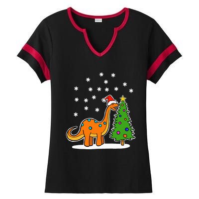 Christmas Brachiosaurus Dinosaur eating a Christmas Tree Ladies Halftime Notch Neck Tee