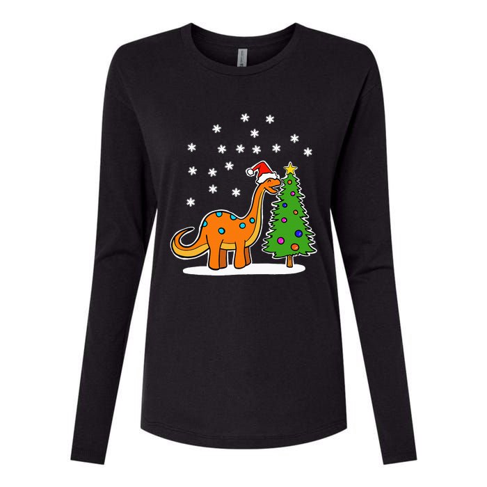 Christmas Brachiosaurus Dinosaur eating a Christmas Tree Womens Cotton Relaxed Long Sleeve T-Shirt