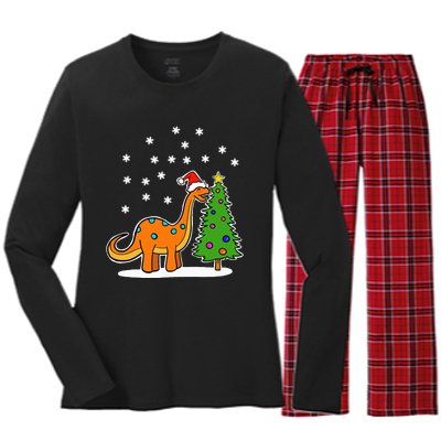 Christmas Brachiosaurus Dinosaur eating a Christmas Tree Women's Long Sleeve Flannel Pajama Set 