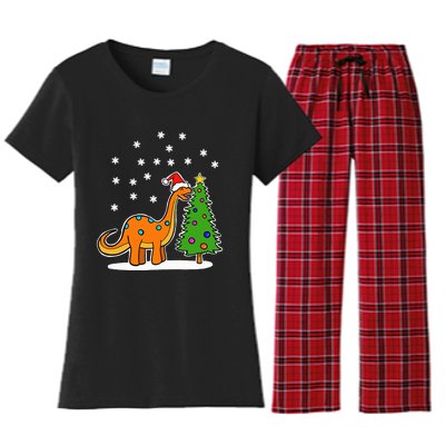 Christmas Brachiosaurus Dinosaur eating a Christmas Tree Women's Flannel Pajama Set