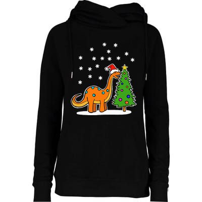 Christmas Brachiosaurus Dinosaur eating a Christmas Tree Womens Funnel Neck Pullover Hood