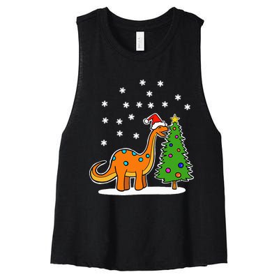 Christmas Brachiosaurus Dinosaur eating a Christmas Tree Women's Racerback Cropped Tank