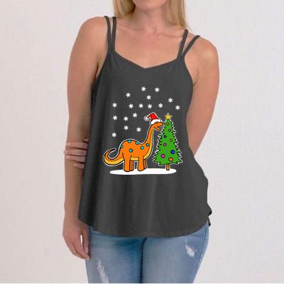 Christmas Brachiosaurus Dinosaur eating a Christmas Tree Women's Strappy Tank