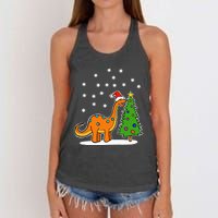 Christmas Brachiosaurus Dinosaur eating a Christmas Tree Women's Knotted Racerback Tank