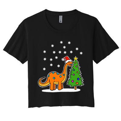 Christmas Brachiosaurus Dinosaur eating a Christmas Tree Women's Crop Top Tee