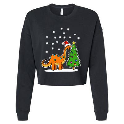 Christmas Brachiosaurus Dinosaur eating a Christmas Tree Cropped Pullover Crew