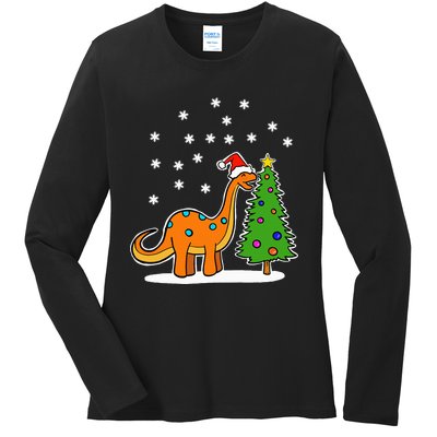 Christmas Brachiosaurus Dinosaur eating a Christmas Tree Ladies Long Sleeve Shirt