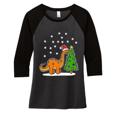 Christmas Brachiosaurus Dinosaur eating a Christmas Tree Women's Tri-Blend 3/4-Sleeve Raglan Shirt