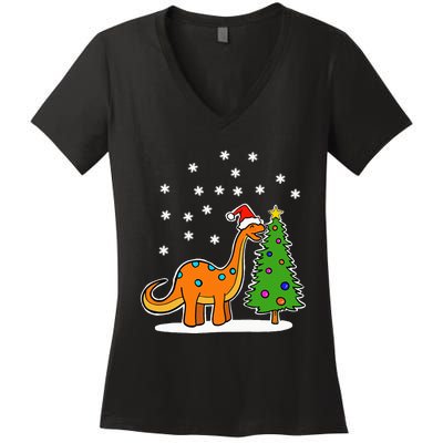 Christmas Brachiosaurus Dinosaur eating a Christmas Tree Women's V-Neck T-Shirt