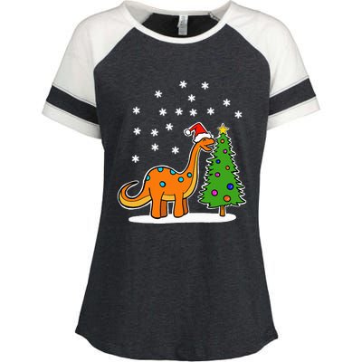 Christmas Brachiosaurus Dinosaur eating a Christmas Tree Enza Ladies Jersey Colorblock Tee