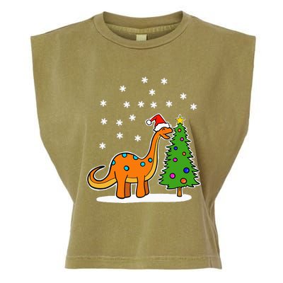 Christmas Brachiosaurus Dinosaur eating a Christmas Tree Garment-Dyed Women's Muscle Tee