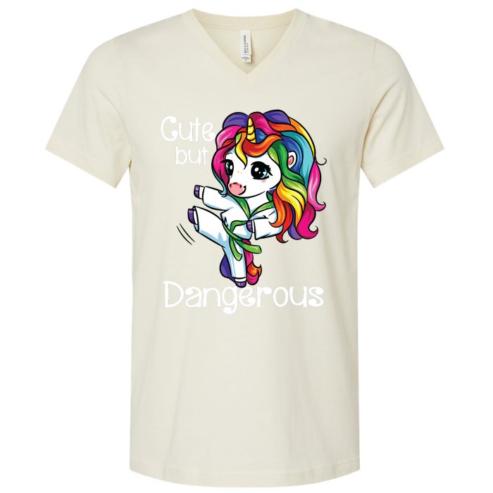 Cute But Dangerous Funny Karate Unicorn Girl V-Neck T-Shirt