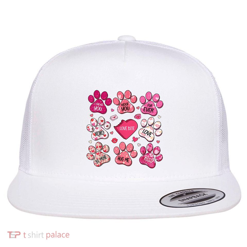 Coquette Bow Dog Paw Print Heart Valentine Dog Mom Dog Lover Flat Bill Trucker Hat