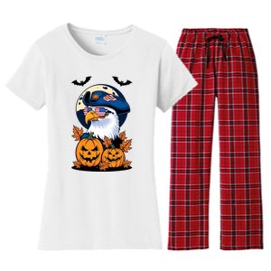 Cute Bald Eagle Witch Halloween Pumpkin Eagle Lover Women's Flannel Pajama Set