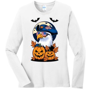 Cute Bald Eagle Witch Halloween Pumpkin Eagle Lover Ladies Long Sleeve Shirt