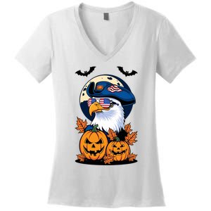 Cute Bald Eagle Witch Halloween Pumpkin Eagle Lover Women's V-Neck T-Shirt