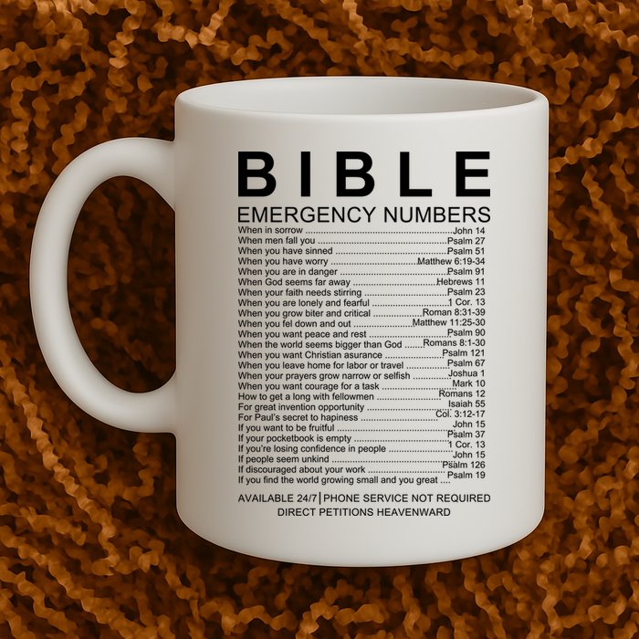 Christian Bible Emergency Numbers Mug