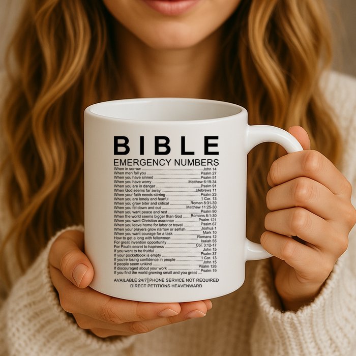 Christian Bible Emergency Numbers Mug