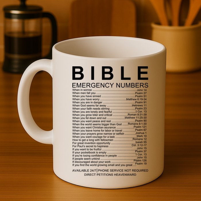Christian Bible Emergency Numbers Mug