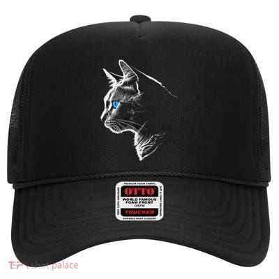Cat Blue Eyes Pet Animal Art Cat High Crown Mesh Back Trucker Hat