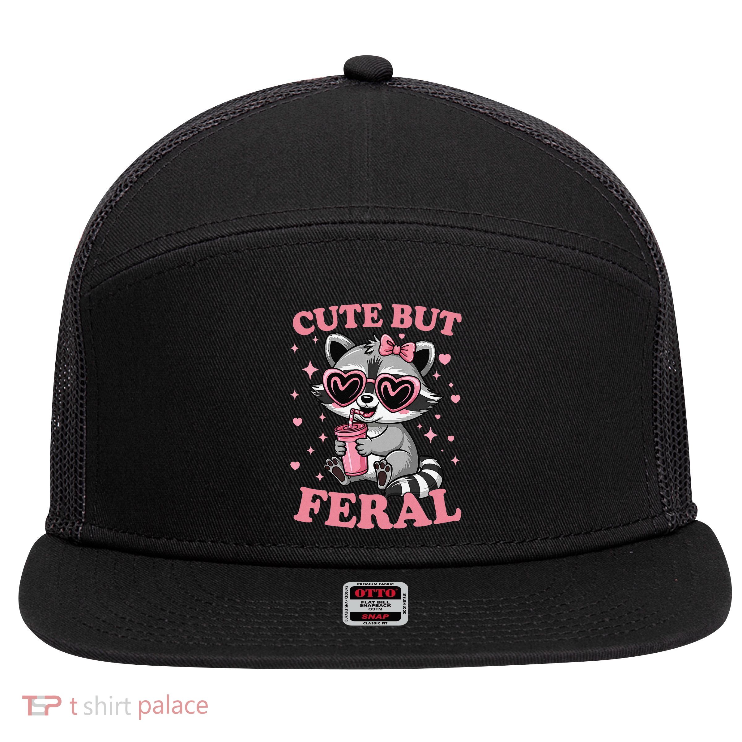 Cute But Feral Funny Racoon With Glasses Gift 7 Panel Mesh Trucker Snapback Hat