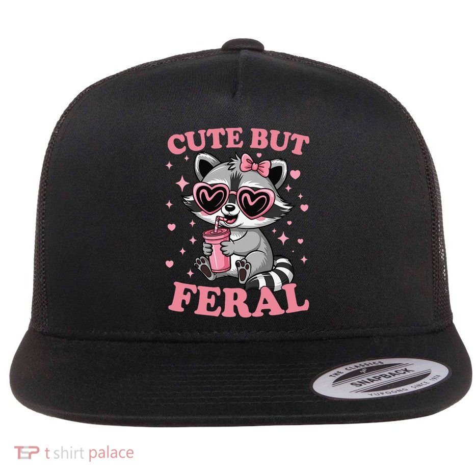 Cute But Feral Funny Racoon With Glasses Gift Flatbill Hat