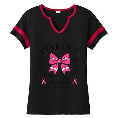 Coquette Bow Football Pin.K Out Tackle Breast Cancer Fight Ladies Halftime Notch Neck Tee