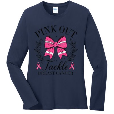 Coquette Bow Football Pin.K Out Tackle Breast Cancer Fight Ladies Long Sleeve Shirt