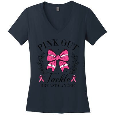 Coquette Bow Football Pin.K Out Tackle Breast Cancer Fight Women's V-Neck T-Shirt