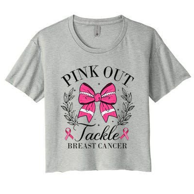 Coquette Bow Football Pin.K Out Tackle Breast Cancer Fight Women's Crop Top Tee