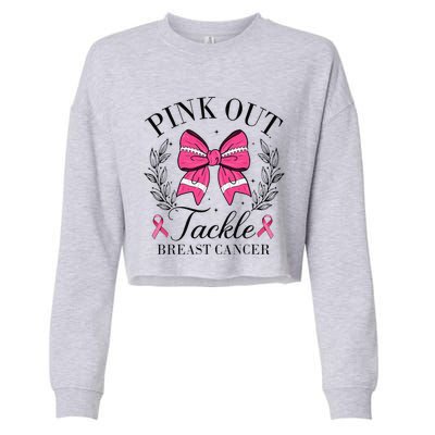 Coquette Bow Football Pin.K Out Tackle Breast Cancer Fight Cropped Pullover Crew